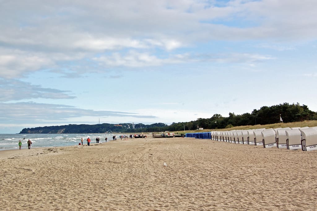 Strand von Baabe mit einer Reihe Strandkörbe, dahinter der Küstenwald und die Landzunge des Mönchgut.